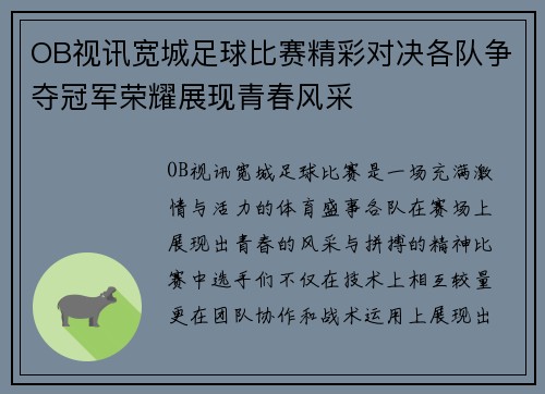 OB视讯宽城足球比赛精彩对决各队争夺冠军荣耀展现青春风采