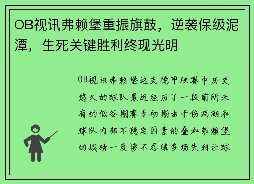 OB视讯弗赖堡重振旗鼓，逆袭保级泥潭，生死关键胜利终现光明