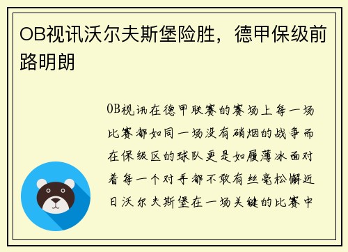OB视讯沃尔夫斯堡险胜，德甲保级前路明朗
